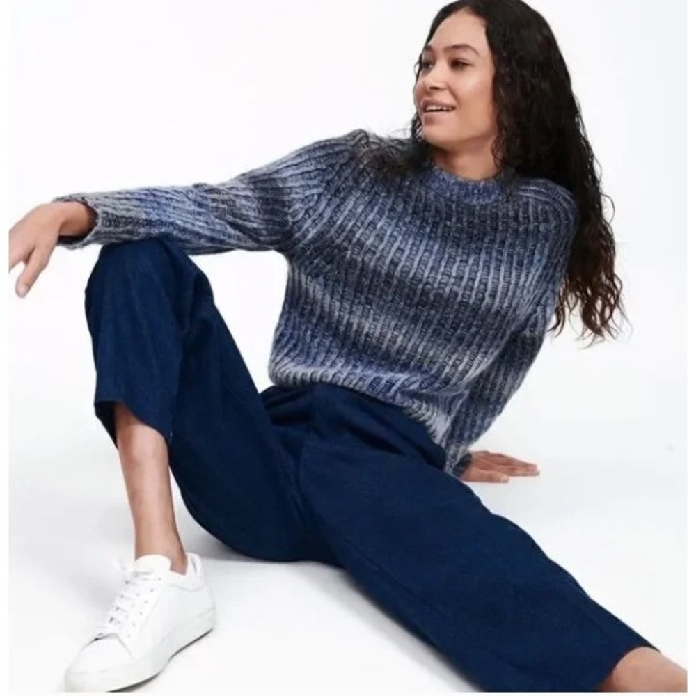 Naadam Wool Alpaca Cashmere Sweater Ribbed Space Dye Crewneck Raglan Blue S